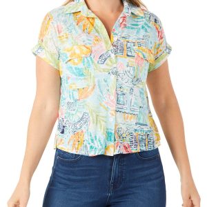 Women's Petite Coastal Print Button Down Top