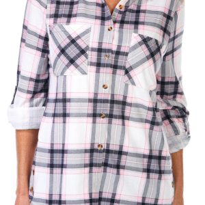 Women's Petite Plaid Print Button Down Top