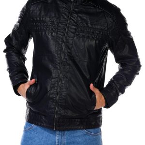 Men's Faux Leather Hoodie Moto Jacket