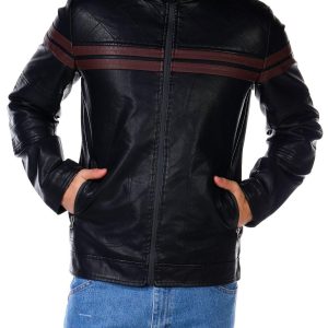 Men's Faux Leather Double Stripe Moto Jacket